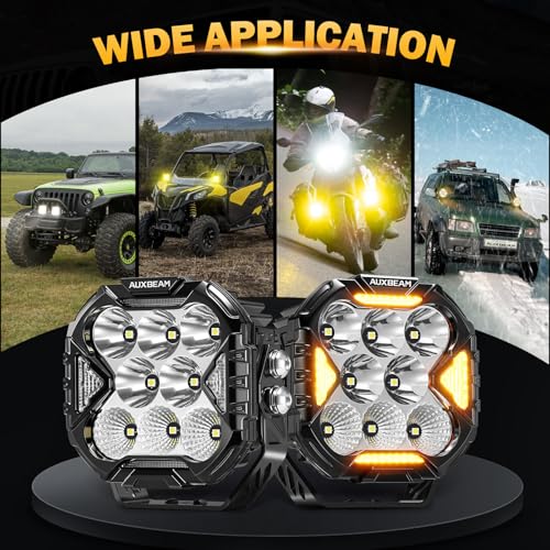 Image of Auxbeam Cube-Z Series 4 inch Led Pods Lights with Amber Covers, 112W 12800LM Flood Spot Combo Offroad Driving Lights with DRL Turn Signal, Cube Ditch Light with DT Wiring Harness for Jeep ATV UTV, Pair