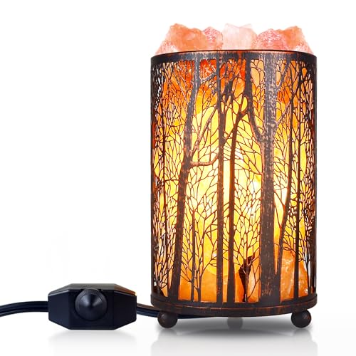 Shineled Salt Lamp, Himalayan Salt Lamp, Natural Salt Rock Desk Bedside Table Lamp Night Light in Forest Design Metal Basket with Dimmer Switch, Festival Decor