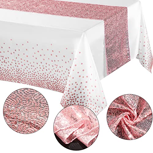 Image of Irenare 2 Pcs White and Rose Gold Tablecloth and Sequin Table Runner Set Polka Dots Confetti Table Cover Dining Plastic Tablecloths Glitter Decorations for Birthday Wedding Anniversary Party Supplies