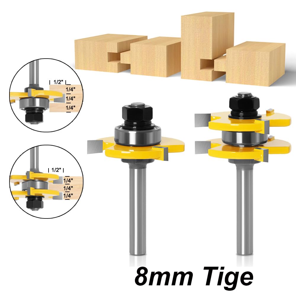 Mesee 8mm Queue Routeur à Rainure, Jeu de 2 Fraises à Rainurer Routeur Bits Outils de Menuiserie Fraise de Rainure en T à 3 Dents pour Travail Coupe du Bois