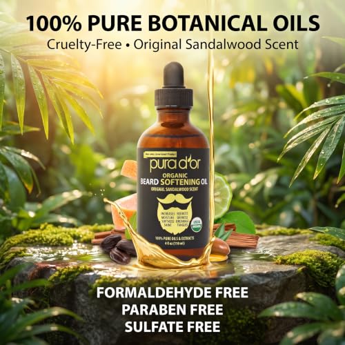 PURA D'OR ORGANIC Beard Softening Oil, Original Sandalwood Scent, 4oz | Conditions Coarse Facial Hair, USDA Certified, Argan, Jojoba, Adds Shine, Helps Reduce Dryness, Leave-In Grooming Care, Men - image 6