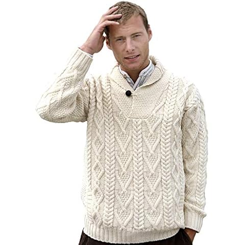 100% Merino Wool Aran Sweater with Shawl Collar Cover