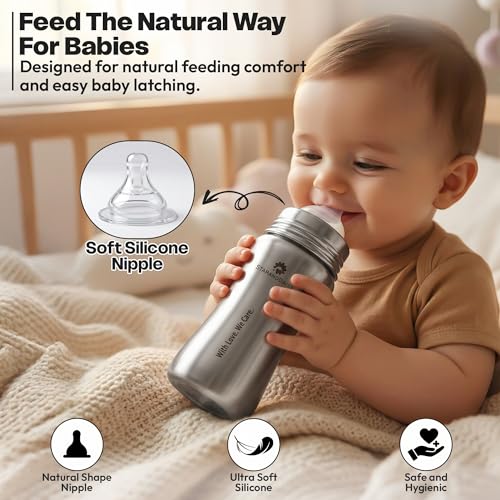 Image of StarAndDaisy Baby Milk Bottle for new Born /Infant /Toddler 250 ML SUS 304 Steel Baby Feeding Bottle for 0+ Months, BPA Free Leakproof, Anti Colic, Easy to Clean (Silver -250ML)