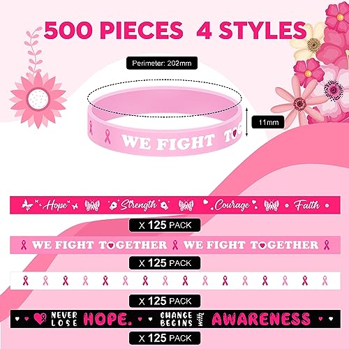 Jenaai 500 Pcs Breast Cancer Awareness Bracelet Bulk Pink Ribbon Silicone Bracelets Rubber Wristbands Hope Faith Strength Courage Inspiring Support Wristbands for Women Charity Gift Decoration3