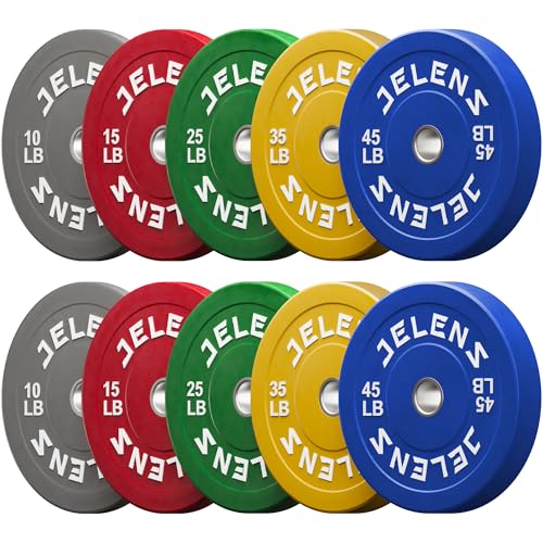 JELENS Olympic Barbell Weight Plates Set, 2-Inch Black/Colored Rubber Bumper Plate Weight Set for...