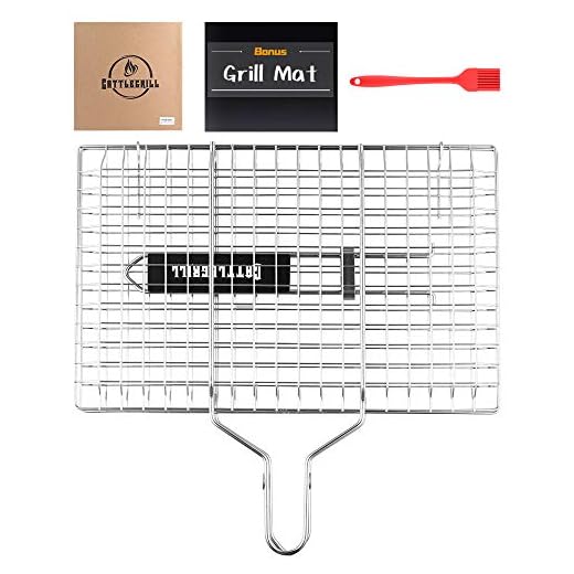 Cattlegrill Foldable BBQ Fish Grill Basket with 430 Stainless Steel, Outdoor use for Fish, Steak, Kebabs, Vegetables and Burger- Grill Set Includes: a Reusable Grill mat and a basting Brush.