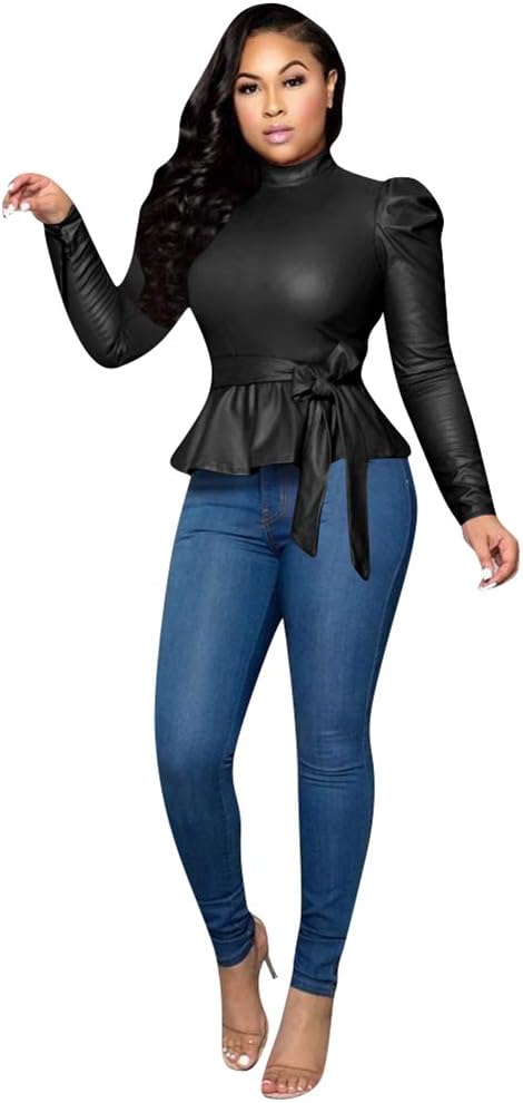 acelyn Women's Matte Mock Neck Turtleneck Long Sleeve Faux Leather Shirts Blouse Top with Belted - Image 2