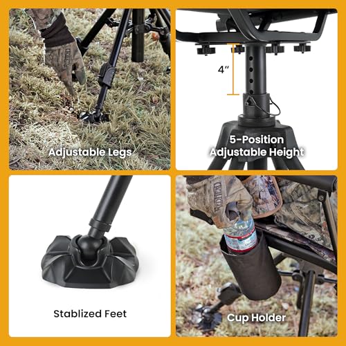 ARROWHEAD OUTDOOR Wide Folding 360° Hunting Swivel Blind Chair with Removable Camouflage Seat Pad, Armrest, No-Sink Feet, Shoulder Strap, Mesh Chair, Adjustable Height