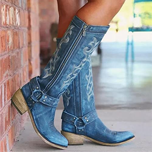 Hbeylia Western Boots For Women Vintage Casual Breathable Denim Round Toe Chunky Low Heels Western Cowgirls Boots Women'S Knee High Length Tall Riding Boots For Ladies Autumn Winter2