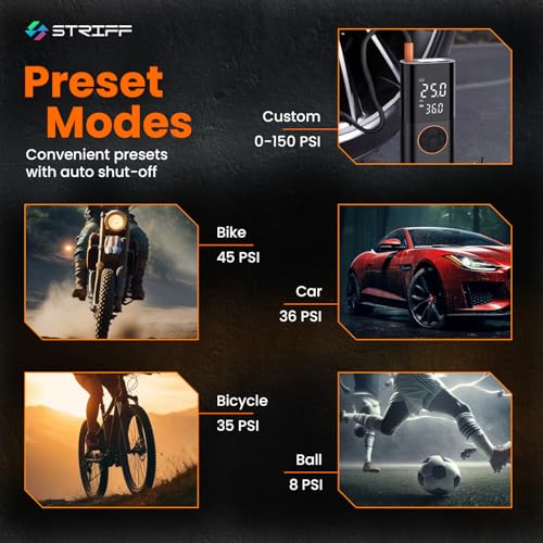 Image of STRIFF EZ air tyre Inflator with 150 PSI Pressure, 4000 mAh Battery PowerBank,Tyre Inflator Digital Display, Pressure Detection, 5 Air Fill Modes Tyre Pump Compressor for Cars, Bikes, Bicycles & Balls