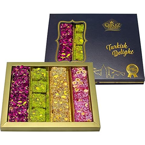 Cerez Pazari Turkish Delight Pistachio and Hazelnut with Fantastic Rose & Pomegranate Flavour Experience in Luxury Large Gift Box 500g | Assorted Gourmet, Sweet Vegan Traditional Lokum (16-20 Pcs) Cover