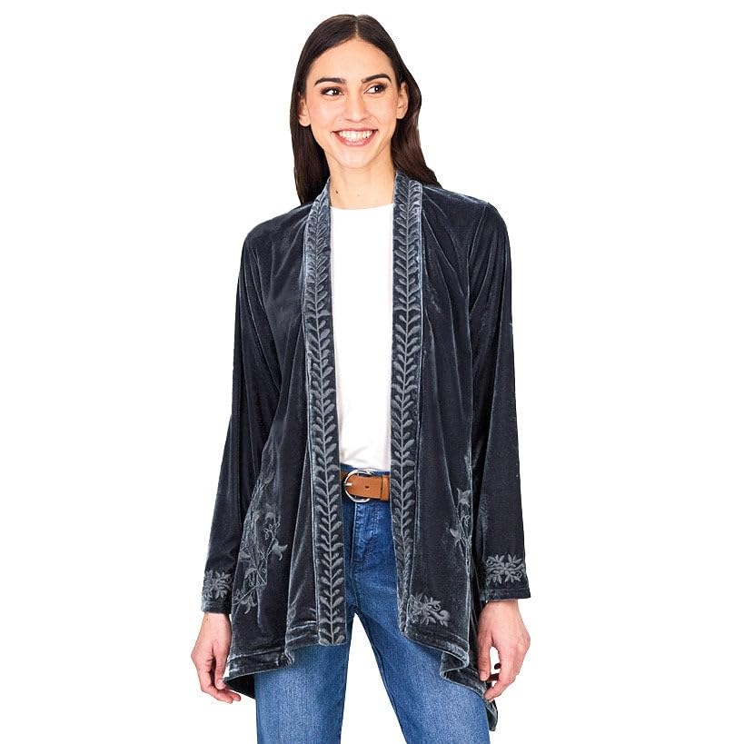 Image of Women's Embroidered Velvet Open Front Cardigan Jacket - Gray 2X