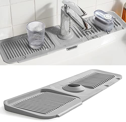 24 Inch Upgraded Long Kitchen Sink Splash Guard Mat, Silicone Faucet Handle Drip Catcher Tray for Shower Bathtub Kitchen Bathroom -Grey