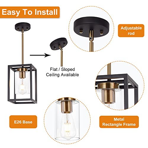 Image of 1-Light Mini Lantern Pendant Light,Black and Brushed Brass Finish Farmhouse Chandelier with Clear Glass Shade Foyer Cage Hanging Ceiling Lighting for Kitchen Island Dining Room Entryway