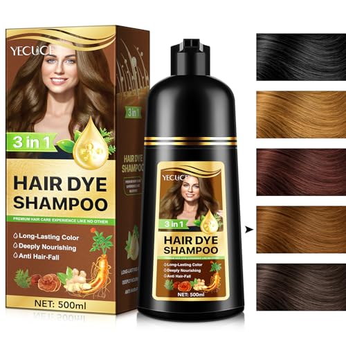 Black Hair Dye Shampoo 3 en 1, Champu Tinte Negro para Cabello, Brown Hair Dye Shampoo, Champu para Canas, Champú Color tinte de pelo en minutos Champú tinte Mujer y Hombres, 500ML(Café)