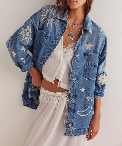 loveimgs Women Retro Boyfriend Embroidered Denim Jacket Button Up Lapel Jean Jacket Shirt Oversized Pocket Baggy Trucker Coat2