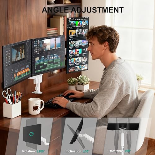 Image of WALI Triple Monitor Mount for 13-32 inch Screens, Adjustable 3 Monitor Desk Mount with Swivel, Tilt, Clamp & Grommet Kit, Triple Monitor Stand for Desk, VESA 75x75 /100x100mm (GSDM003W), White