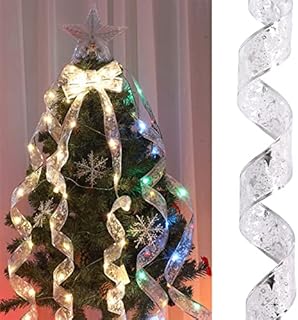 QHC sehen Christmas Tree Ribbon Light Ornament Window Curtain String Light Christmas House Striking Party Decor 2M 20 LEDs Warm White Sliver Ribbon Fairy