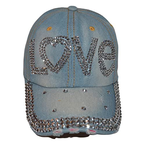 Popfizzy Bling Love Cap For Women, Rhinestone Love Hat, Bedazzled Baseball Caps, Fancy Bejeweled Hats, Distressed Denim Hat, Bling Gift For Women #TOP4