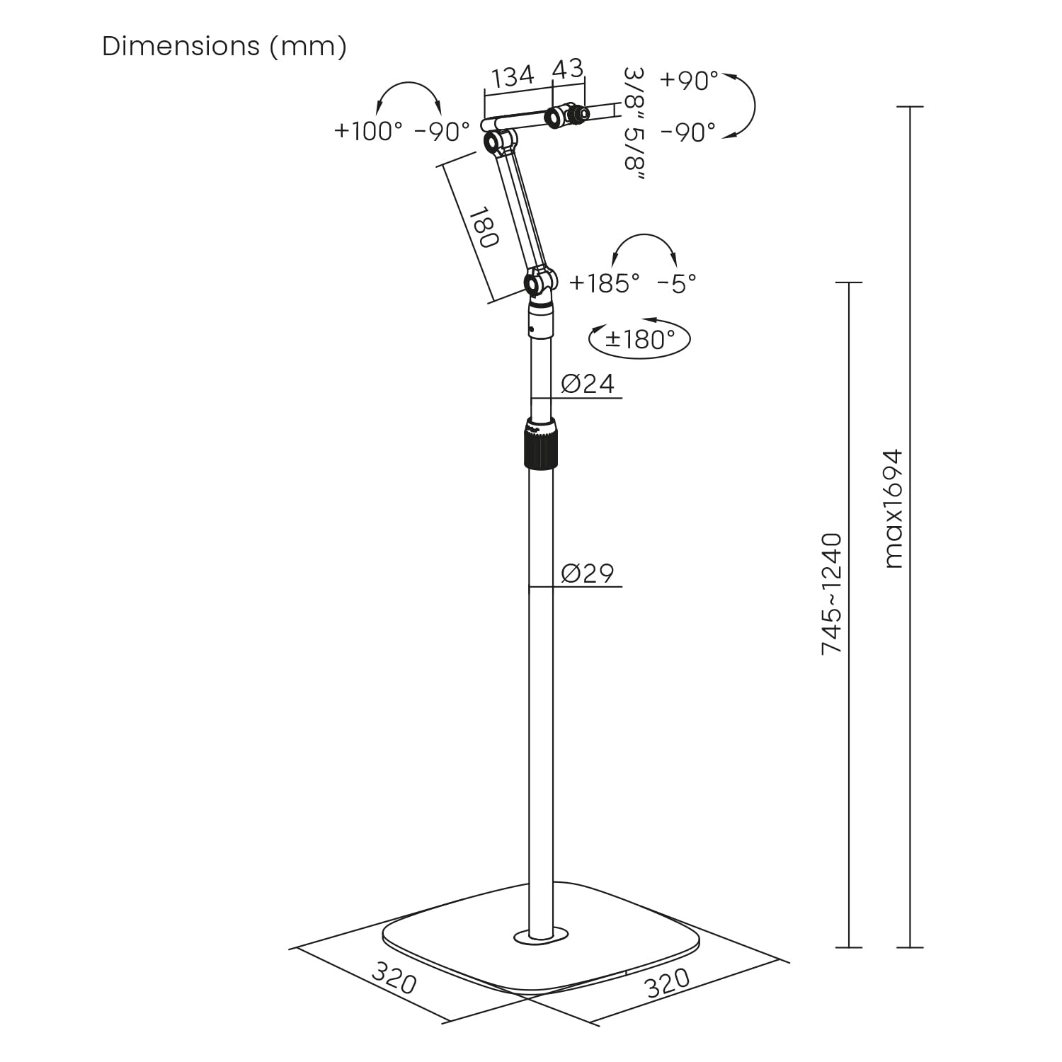 Maclean MC-337 Professioneller Mikrofonständer | Verstellbare Höhe von 626 bis 1694 mm | Maximale Belastung 1 kg | Gewinde 3/8" und 5/8" | Universalmikrofonhalterung