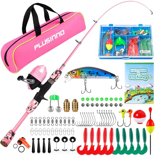 PLUSINNO Kids Fishing Pole with Spincast Reel Telescopic Fishing Rod Combo Full Kits for Boys Girls and Adults (Pink 120cm 47.24In)