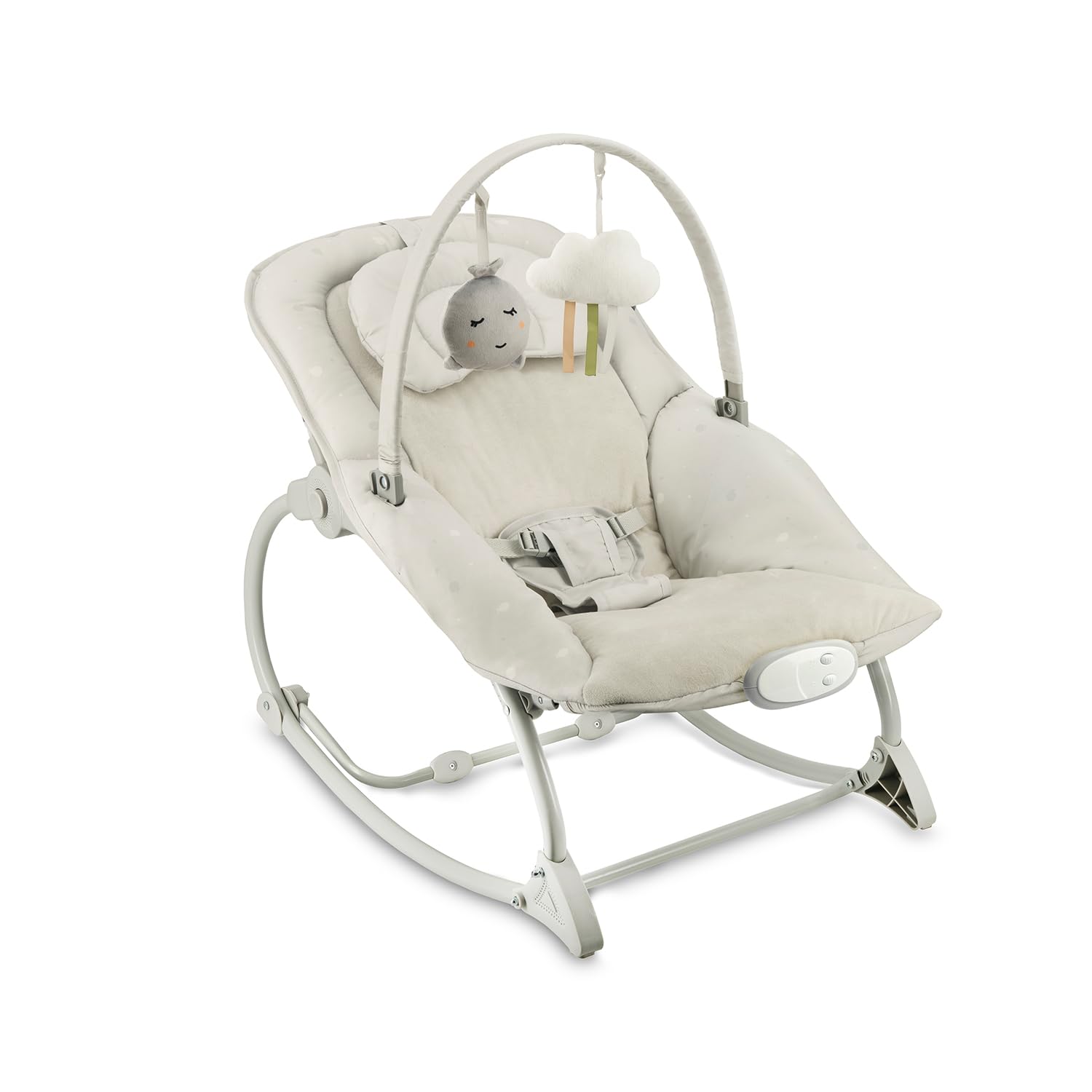 Mecedora MoMi LAPIS para niños hasta 12 kg, a pilas, arnés 3 puntos, barra con 2 juguetes, respaldo 3 posiciones, 8 melodías, control volumen, 3 modos de vibración