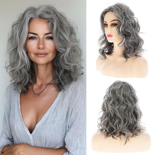 Perruque longue ondulée grise au fini naturel et volume glamour pour toutes les fêtes