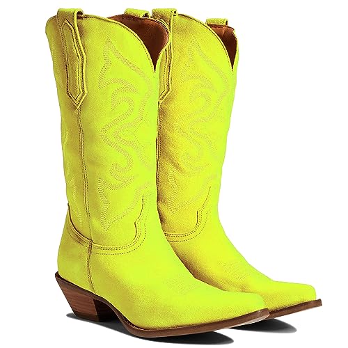 Image of LEHOOR Cowboy Boots Women Embroidered Mid Calf Western Boots Stacked Low Heel Pointed Toe Pull On Cowgirl Boot 4-11 M US