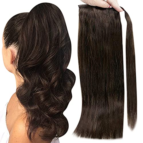 Full Shine Human Hair Extensions Ponytail Natural 12 Inch Short Wrap Around Ponytail Darkest Brown Hair Ponytail Hair Piece Remy Human Hair with Magic Paste 70 Grams