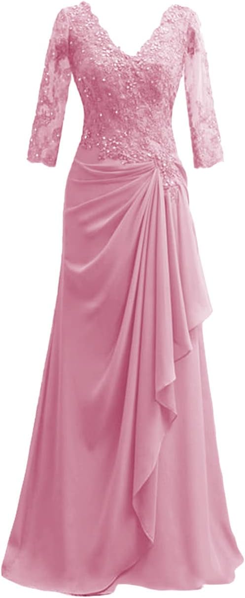 Mother of The Bride Dresses Long Evening Formal Dress V Neck Wedding Guest Groom Gowns Ruffles Lace Applique 3/4 Sleeve