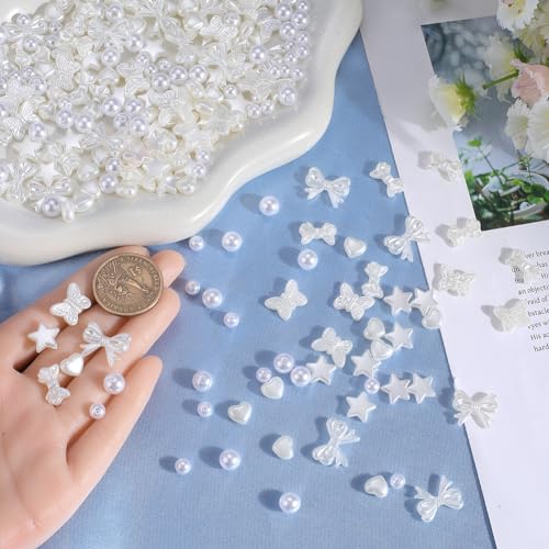 SUNNYCLUE 7 Styles 450Pcs ABS Imitation Pearl Beads Bulk Loose White Bead Plastic Heart Star Bowknot Butterfly Round Aesthetic Spacer Beads for jewellery Making DIY Necklace Bracelets Earring Beginner - Image 3