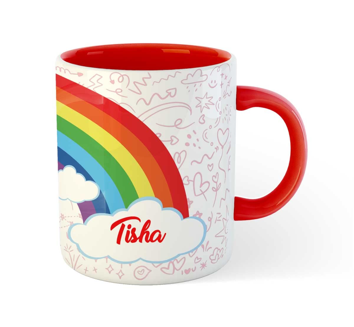 ARTBUG Rainbow & Unicorn Theme Customised Coffee Mug for Girls, Sister, Daughter, Wife, Kids, Friends, Happy Birthday Return Gift, Color - Red, Name - Tisha