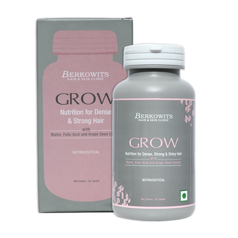 BERKOWITS Grow Nutrition For Dense & Strong Hair | Biotin, Folic Acid and Grape Seed Extract | For Both Male and Female (60 Tablet)-image-18