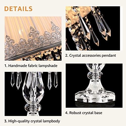Miniatura 4 de Moooni Moderna lámpara de mesa de cristal con pantalla de tela fruncida, elegante lámpara de araña de cristal enchufable para sala de estar,