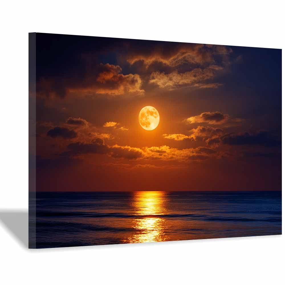 HOQIU Beautiful wall art Full Moon Ove Ocean canvas artwork for wall, art prints, For living room, bedroom, bathroom, dining room, painting and decor.(Multicolor)-40x60cm Framed