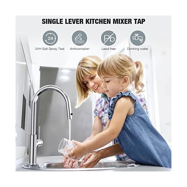 bedee Wasserhahn Küche 360°Drehbar Küchenarmatur mit Brause Ausziehbar Mischbatterie Chrom Einhebelmischer… – Bild 8