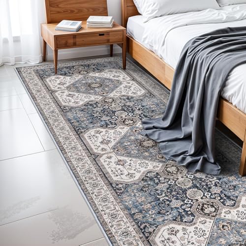 RUUGME Washable 3X12 Runner Rugs - Boho Rugs for Living Room Stain Resistant Carpet Vintage Rugs for Bedroom Kitchen with Non Slip Backing Home Decor Floor Decoration Mat 3x12 Navy