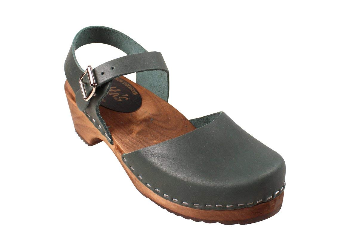 Lotta From StockholmClassic Low Wood Swedish Clogs for Women | Dark Green Closed Toe Leather Clogs | Supportive and Comfortable Shoes |Wooden Brown Base and 2 inch Heel