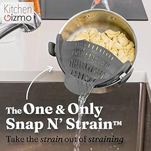 Kitchen Gizmo Snap N' Strain - Silicone Clip-On Colander, Heat Resistant Drainer for Vegetables and Pasta Noodles, Kitchen Gadgets for Bowl, Pots, and Pans - Essential Home Cooking Tools - Grey 2 51fM+2c72gL. SS300