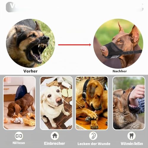 Maulkorb für Hunde, Maulkorb mit Klettverschluss Weich, Verhindert Beißen, Sicher Atmungsaktives Bellen und Kauen, mit Verstellbarer Schlaufe, Atmungsaktives Mesh - Schwarz, M
