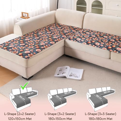 Image of HOKIPO 'Nature Muse' Premium HD Printed Holland Velvet L Shape (2+2 Seater) Sofa Cover Seat Mat, Nocturne Rose (IN-915-D2 + IN-916-D2)