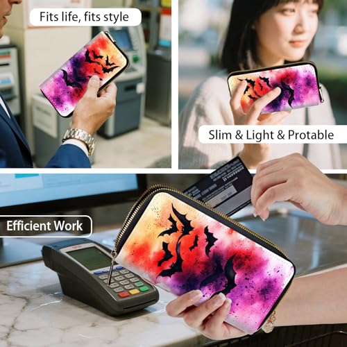 RFID Blocking Women's Wristlet Purse - Detachable Wrist Strap, Compact Foldable Design with 12 Card Slots & Zip Pocket Wallet for Travel,Gym,Watercolor Bats Halloween4