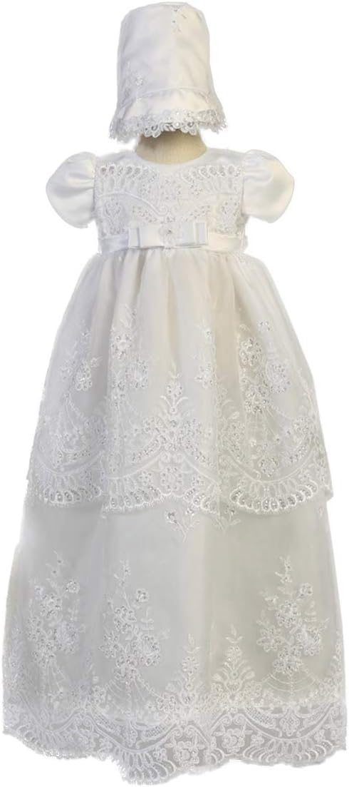 Embroidered Organza w/Sequins Long Christening Gown (White, 0-3 Months)