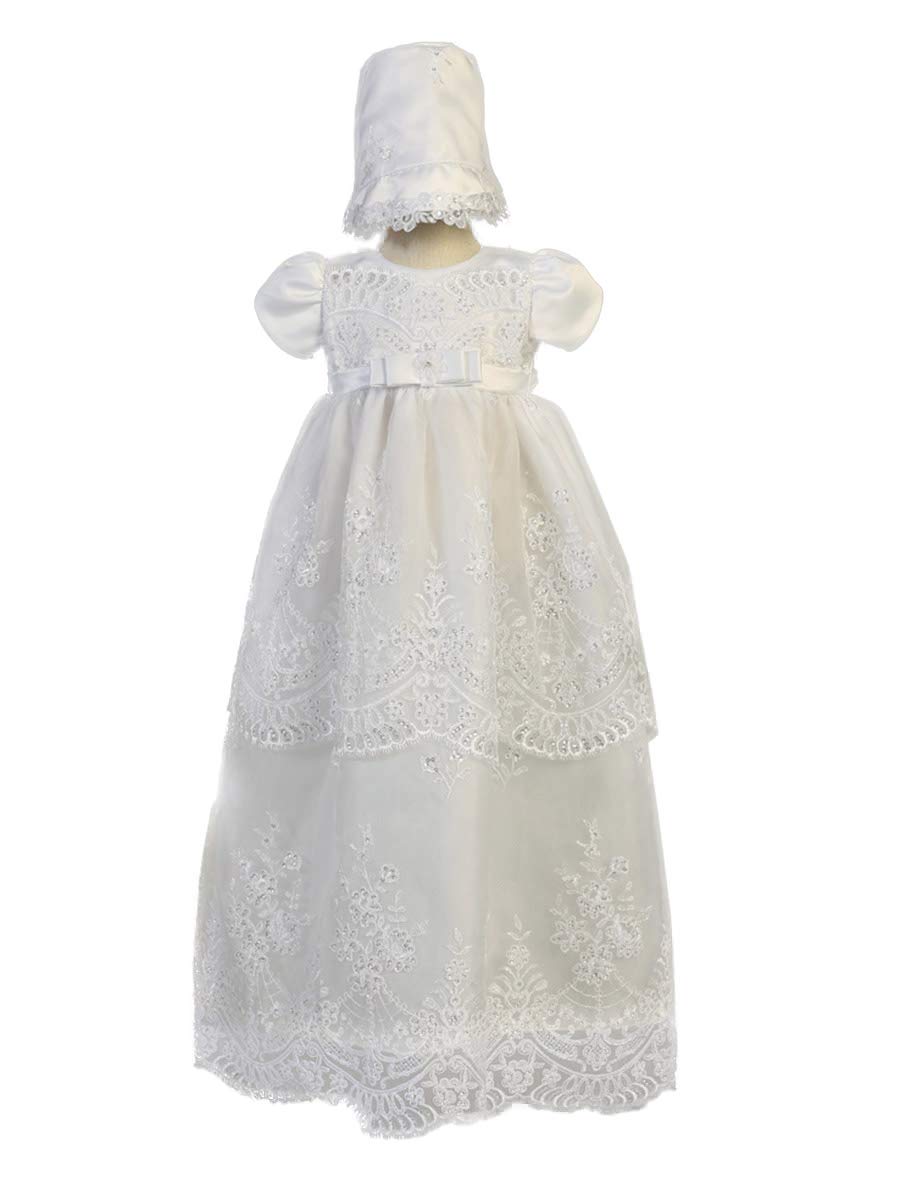 Embroidered Organza w/Sequins Long Christening Gown (White, 0-3 Months)
