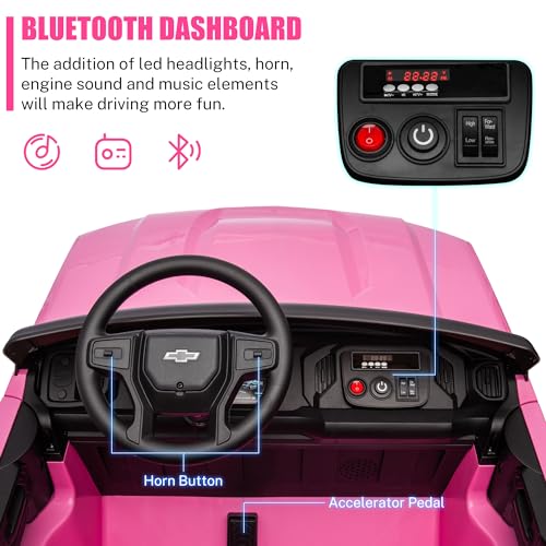 Image of ENYOPRO 24V 2 Seater Ride On Truck Car, Compatible for Chevrolet Silverado Battery Powered Electric Car for Kids w /Remote Control, Metal Suspension, Soft Start, FM /Bluetooth /Music, LED Lights, Pink