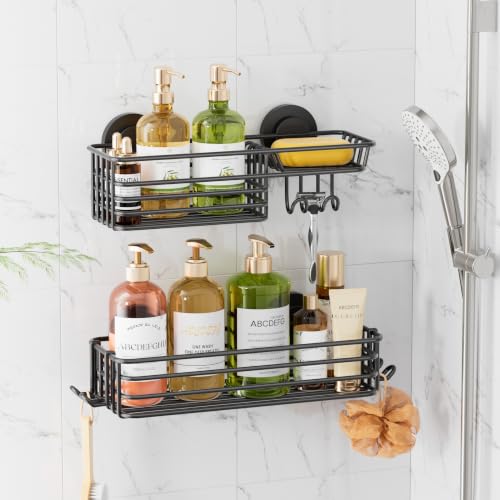 Image of LEVERLOC Shower Caddy Suction Cup, 2 Pack Shower Shelves for Inside Shower with Hooks & Soap Holder, NO-Drilling Bathroom Shower Organizer, Rustproof Meatl Shower Holder Storage, Black
