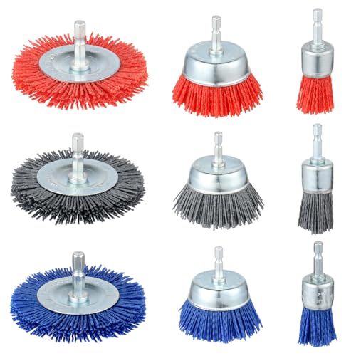 AOKLIT - AOKLIT 9 Pack Nylon Filament Abrasive Wire Brush Wheel & Cup Brush Set, Nylon Brushes for Drill with 1/4”Hex Shank for Removal of Rust Corrosion Paint-80 Grit, 120 Grit, 240 Grit