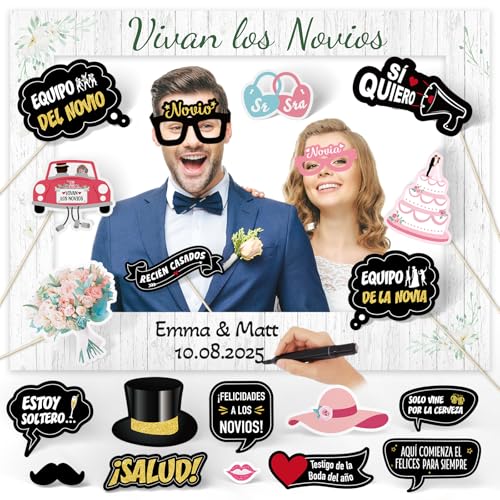 BETESSIN 21pcs Photocall de Bodas Español, 1pc Marco de Fotos y 20pcs Accesorios Foto Props, Decoración Fiesta de Boda, Accesorios Photocall Boda