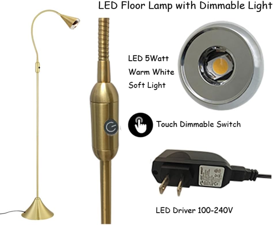 HomeFocus - LED Floor Lamp,Standing Lamp for Reading,Eye-Caring,Stepless Dimming,Floor Lamp for Living Room,Bedroom,LED 5W,Energy Efficient Super Bright (Metal,Gold)