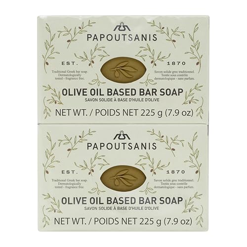 Papoutsanis Greek Olive Oil Based Soap Bar - Natural and Pure Plant-Based Castile Bar Soap - Unscented - Hypoallergenic - (New & Improved Formula infused with Coconut Oil) - 7.9oz Bars, Pack of 4